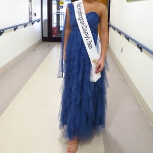 Blue One Shoulder Ruffled Tulle Maxi Dress
